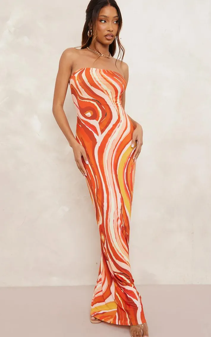 Orange Swirl Print Slinky Bandeau Maxi Dress
