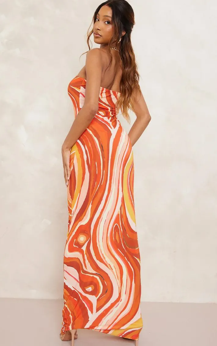 Orange Swirl Print Slinky Bandeau Maxi Dress