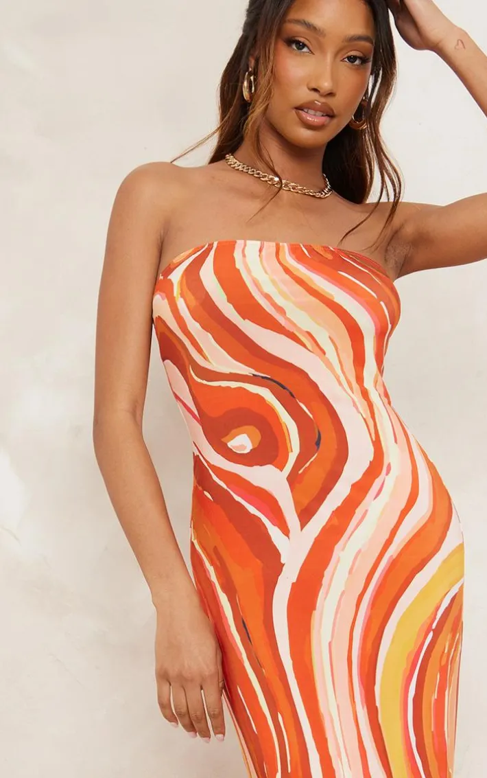 Orange Swirl Print Slinky Bandeau Maxi Dress