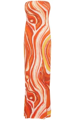 Orange Swirl Print Slinky Bandeau Maxi Dress
