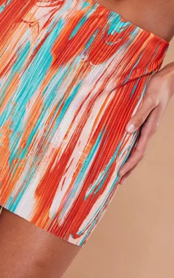 Orange Teal Printed Plisse Micro Mini Skirt