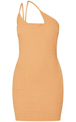 Orange Textured Asymmetric Strap Bodycon Dress