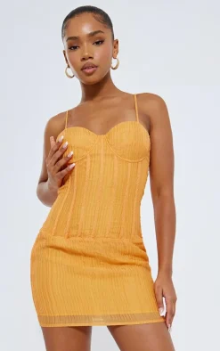Orange Textured Corset Detail Strappy Bodycon Dress