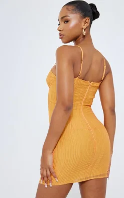 Orange Textured Corset Detail Strappy Bodycon Dress