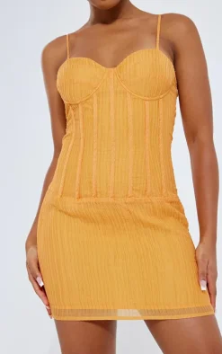 Orange Textured Corset Detail Strappy Bodycon Dress