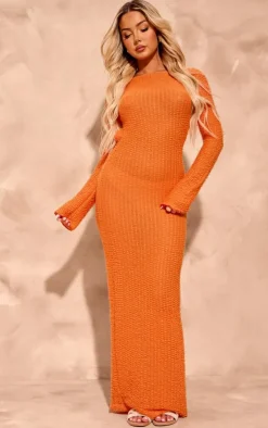 Orange Textured Crochet Backless Maxi Beach Dress