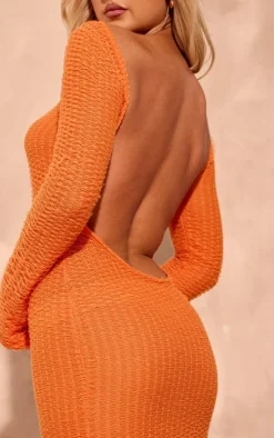Orange Textured Crochet Backless Maxi Beach Dress