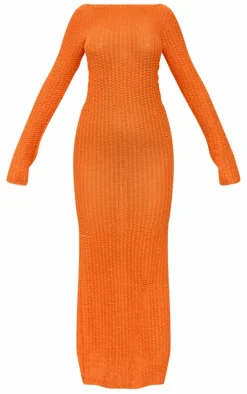 Orange Textured Crochet Backless Maxi Beach Dress