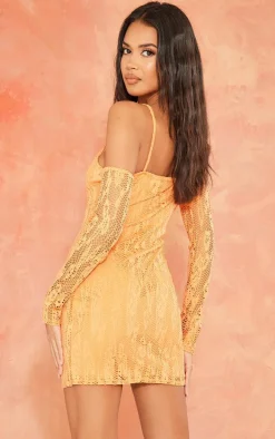 Orange Textured Cut Out Long Sleeve Bodycon Dress