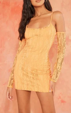Orange Textured Cut Out Long Sleeve Bodycon Dress