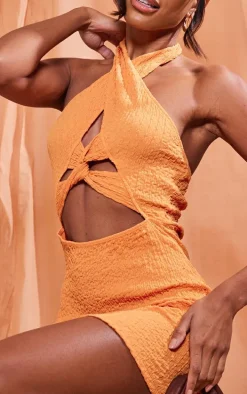 Orange Textured Halter Twist Detail Bodycon Dress