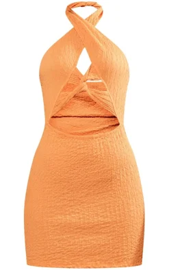 Orange Textured Halter Twist Detail Bodycon Dress