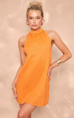 Orange Textured Halterneck Shift Dress