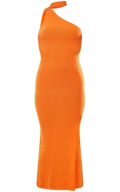 Orange Textured Knitted Collar Detail Maxi Dress