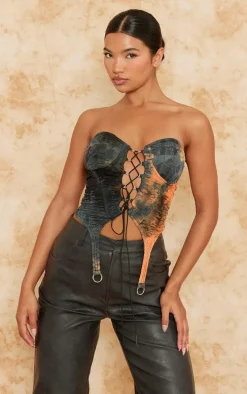 Orange Textured Lace Up Suspender Detail Corset Top