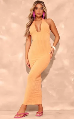 Orange Textured Rib Halterneck Tie Back Maxi Dress