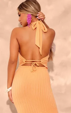 Orange Textured Rib Halterneck Tie Back Maxi Dress