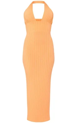 Orange Textured Rib Halterneck Tie Back Maxi Dress