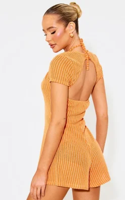 Orange Textured Rib Short Sleeve Halter Strap Romper