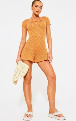 Orange Textured Rib Short Sleeve Halter Strap Romper