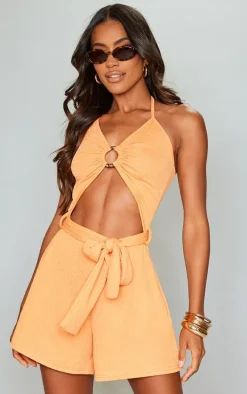 Orange Textured Ring Detail Halter Tie Waist Romper
