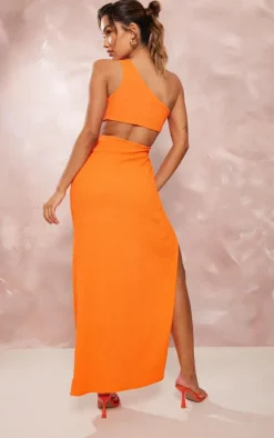 Orange Textured Ring Detail Cut Out One Shoulder Maxi Dress