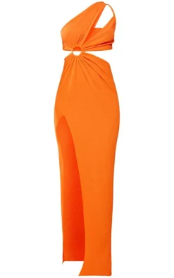 Orange Textured Ring Detail Cut Out One Shoulder Maxi Dress