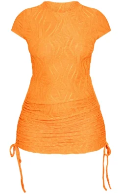 Orange Textured Ruched Cap Sleeve Bodycon Dress