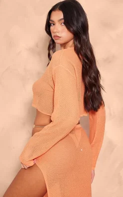 Orange Textured Sheer Knit Floaty Long Sleeve Crop Top