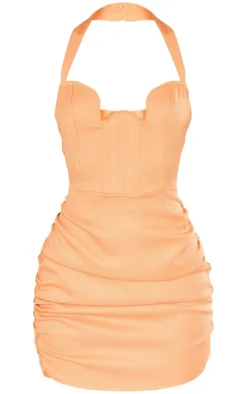Orange Textured Woven Extreme V Bar Halter Bodycon Dress