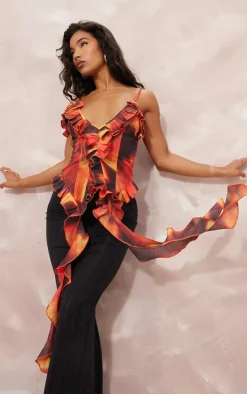 Orange Tie Dye Print Chiffon Floral Applicate Frill Long Top