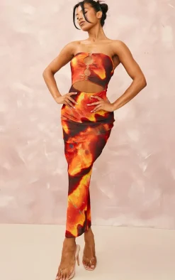 Orange Tie Dye Print Ring Cut Out Bandeau Maxi Dress