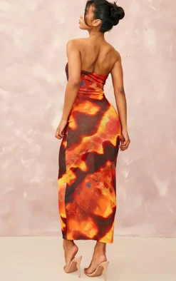 Orange Tie Dye Print Ring Cut Out Bandeau Maxi Dress