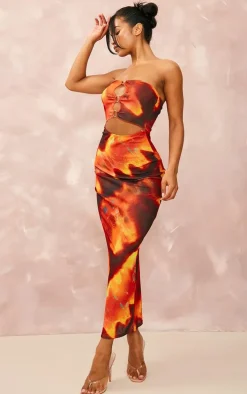 Orange Tie Dye Print Ring Cut Out Bandeau Maxi Dress
