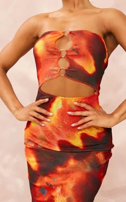 Orange Tie Dye Print Ring Cut Out Bandeau Maxi Dress