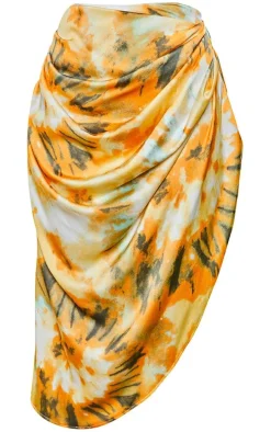 Orange Tie Dye Ruched Side Midi Skirt