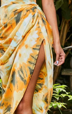 Orange Tie Dye Ruched Side Midi Skirt