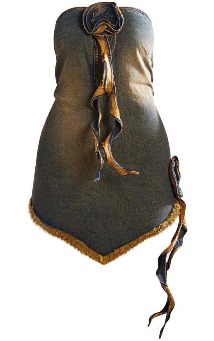 Orange Tint Vintage Wash Flower Raw Hem Denim Mini Dress