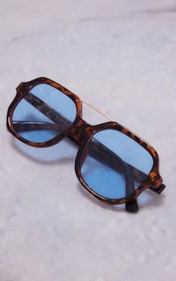 Orange Tort Blue Lens Frame Metal Bar Aviator Sunglasses