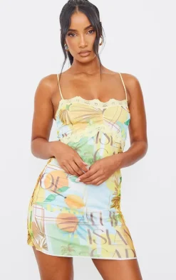 Orange Tropical Mesh Lace Trim Bodycon Dress