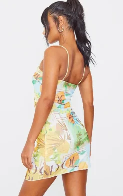 Orange Tropical Mesh Lace Trim Bodycon Dress