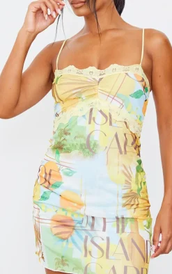 Orange Tropical Mesh Lace Trim Bodycon Dress