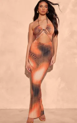 Orange Watercolour Plisse Cut Out Halterneck Maxi Dress