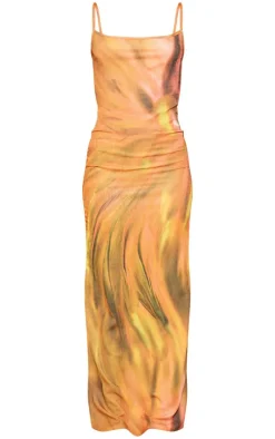 Orange Watercolour Print Crinkle Textured Contrast Strappy Maxi Dress