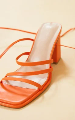 Orange Wide Fit Faux Leather Square Triple Strap Ankle Tie Block Heeled Sandals