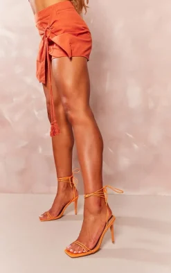 Orange Wide Fit Pu Square Toed Barely There Thin Twin Strap High Heeled Sandals