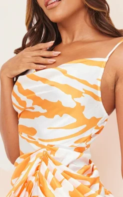 Orange Zebra Print Cowl Neck Satin Draped Bodycon Dress