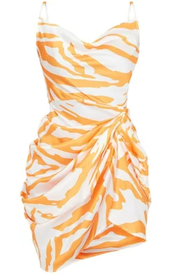Orange Zebra Print Cowl Neck Satin Draped Bodycon Dress