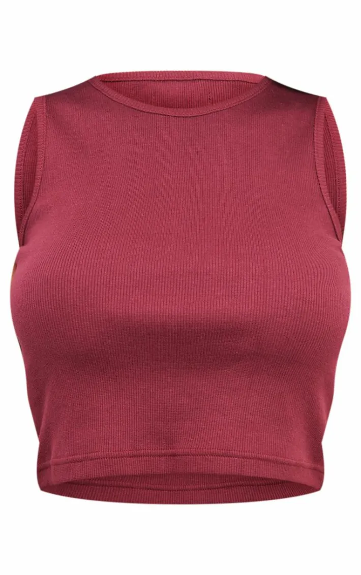 Oxblood Premium Ribbed Racer Neck Crop Top