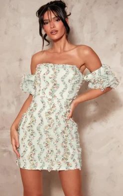 Pale Green Abstract Print Textured A Line Shift Dress